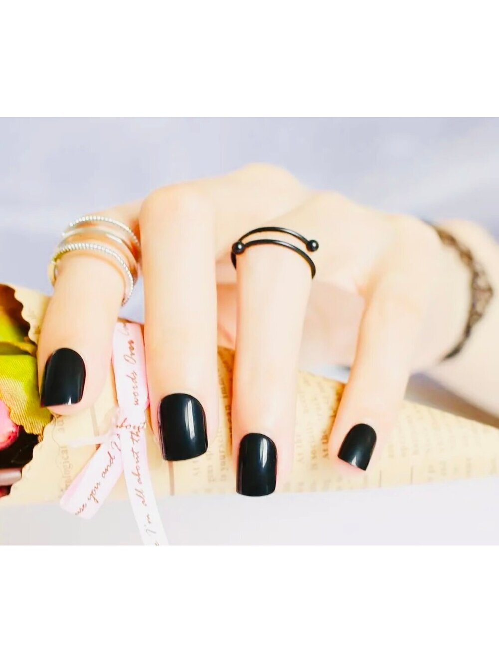 New - 24pcs-Medium Square -Black Licorice Candy Color -Reusable Press-On Nails